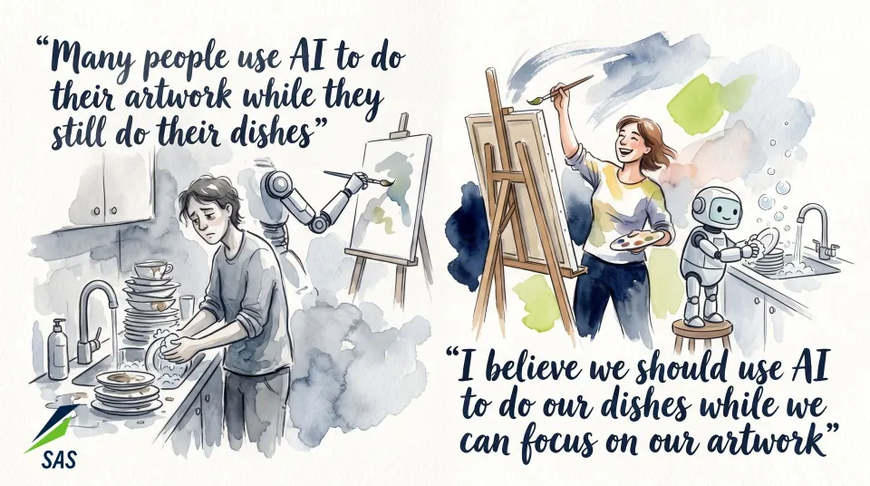 A watercolour in two halves. On the left, a tired person washes a pile of dishes while a robot arm paints at an easel. On the right, a smiling person paints at an easel while a small robot washes the dishes.